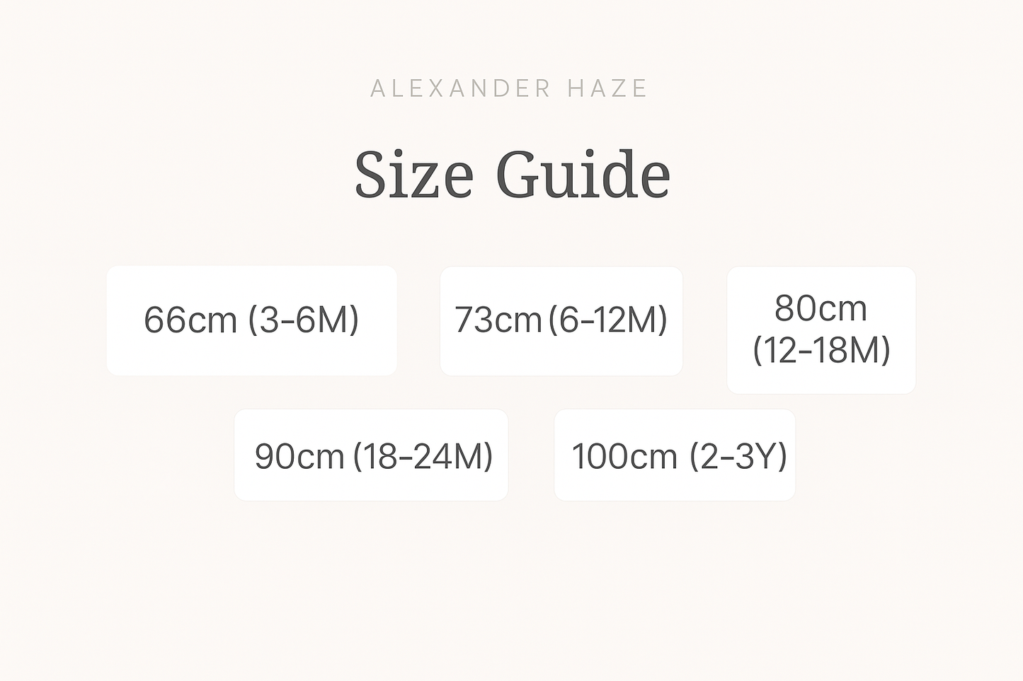 Size guide for Alexander Haze products with measurements in centimeters and age ranges.
