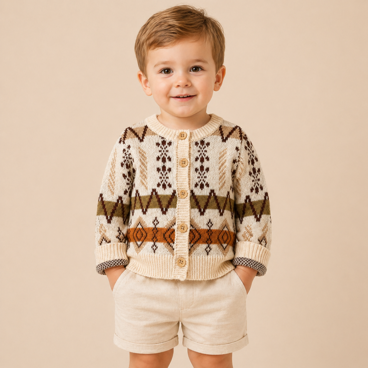 Laslo Knit Cardigan baby knit cardigan with geometric pattern on beige background