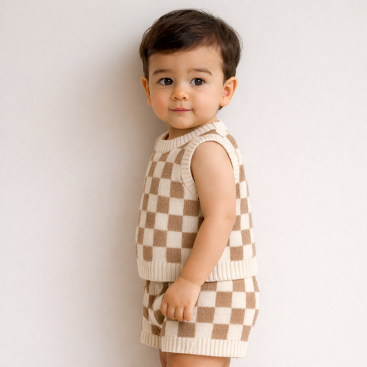 Harrison baby check set side view – organic cotton knit top and shorts
