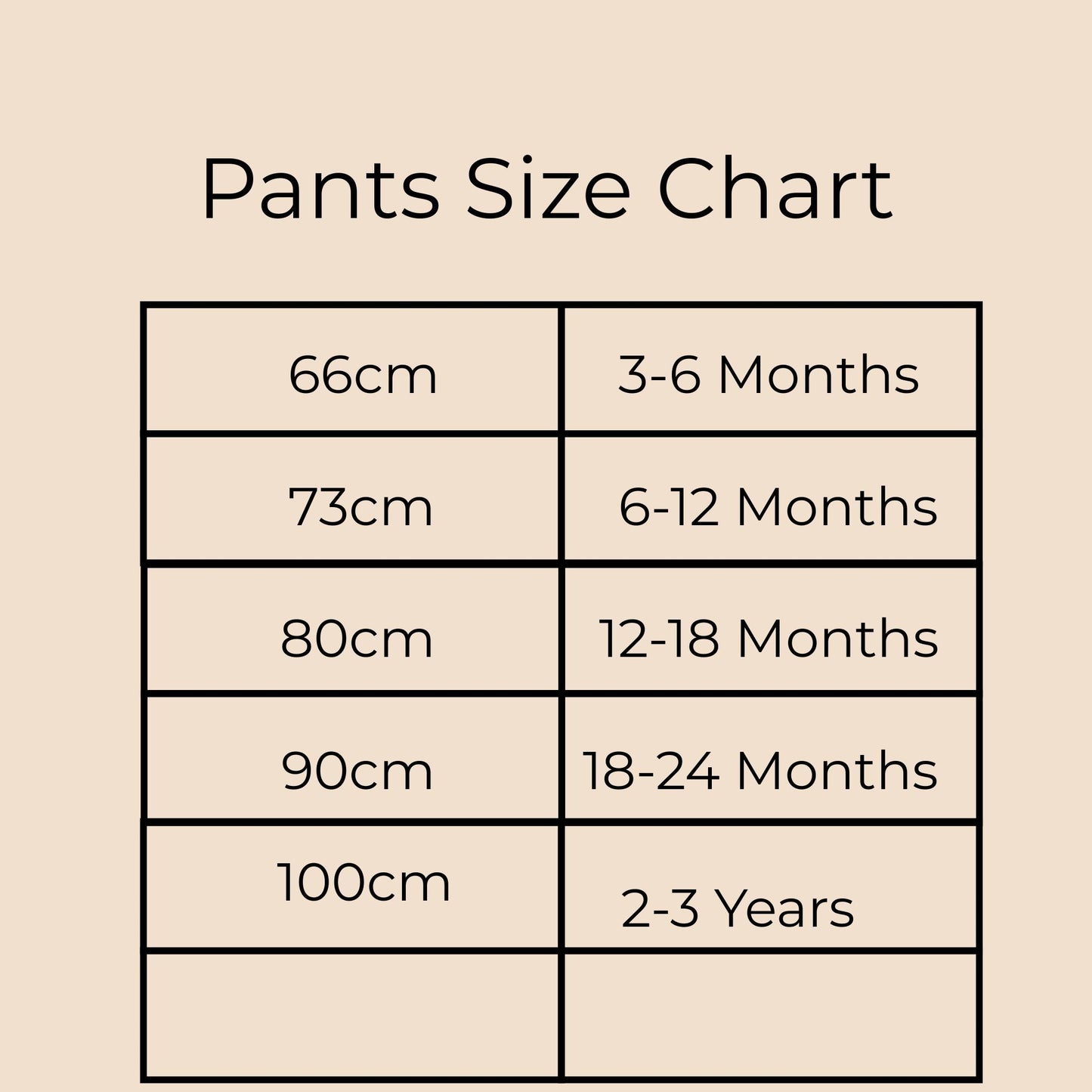 Pants size chart on a beige background