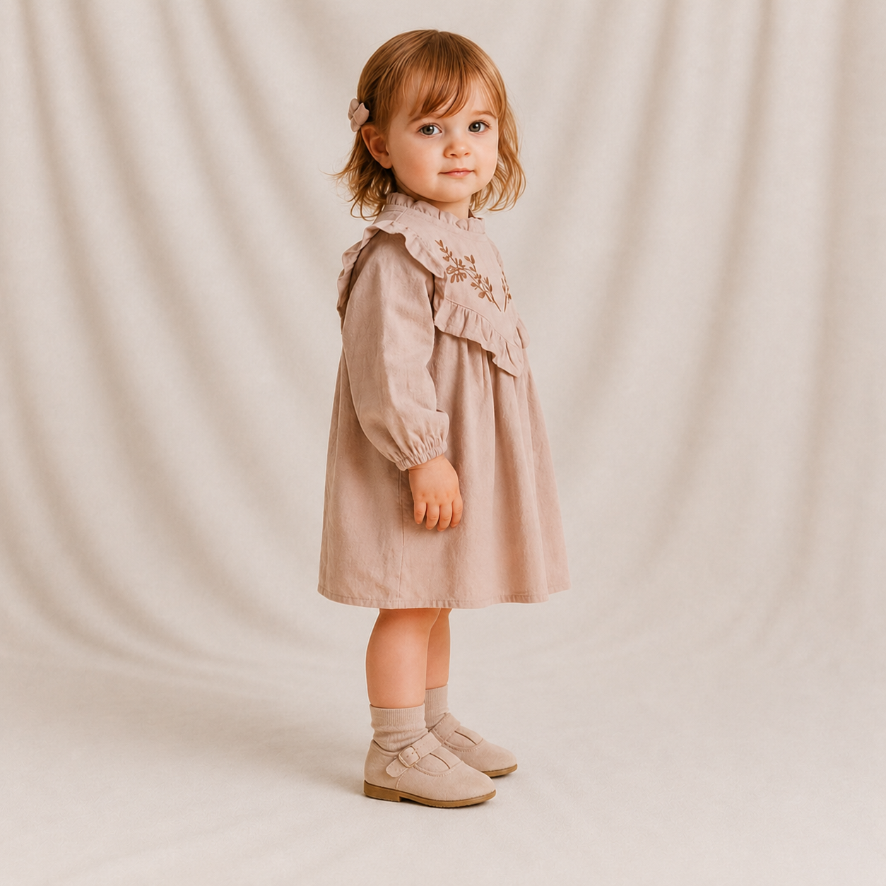 Beige Embroidered Girls Cotton Dress - Darcie Cotton Dress