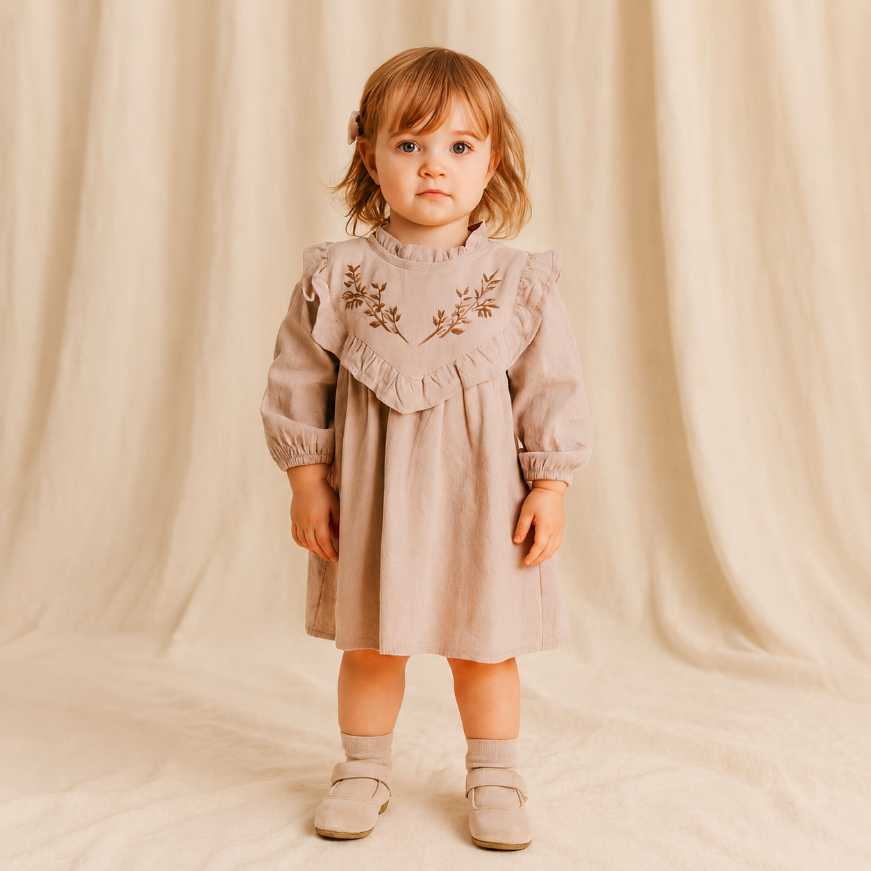 Beige Embroidered Girls Cotton Dress - Darcie Cotton Dress