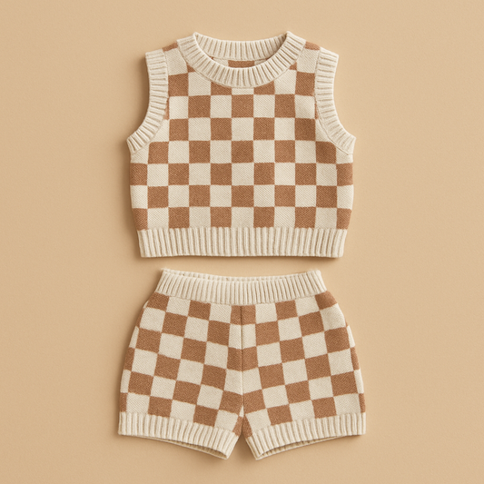 Checkered sleeveless top and shorts set on a beige background