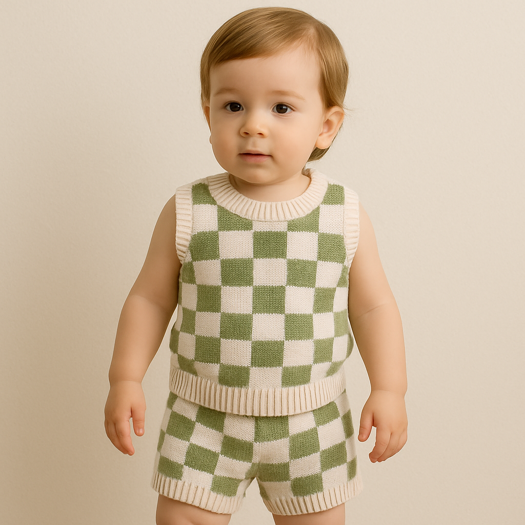 Swayde Check Set for Babies cotton knit sleeveless top and shorts
