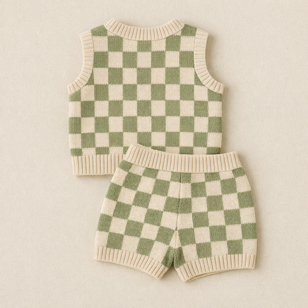 Green and white checkered knit set with vest and shorts on a beige background