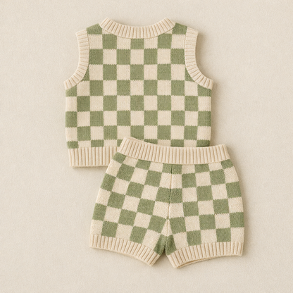 Green and white checkered knit set with vest and shorts on a beige background