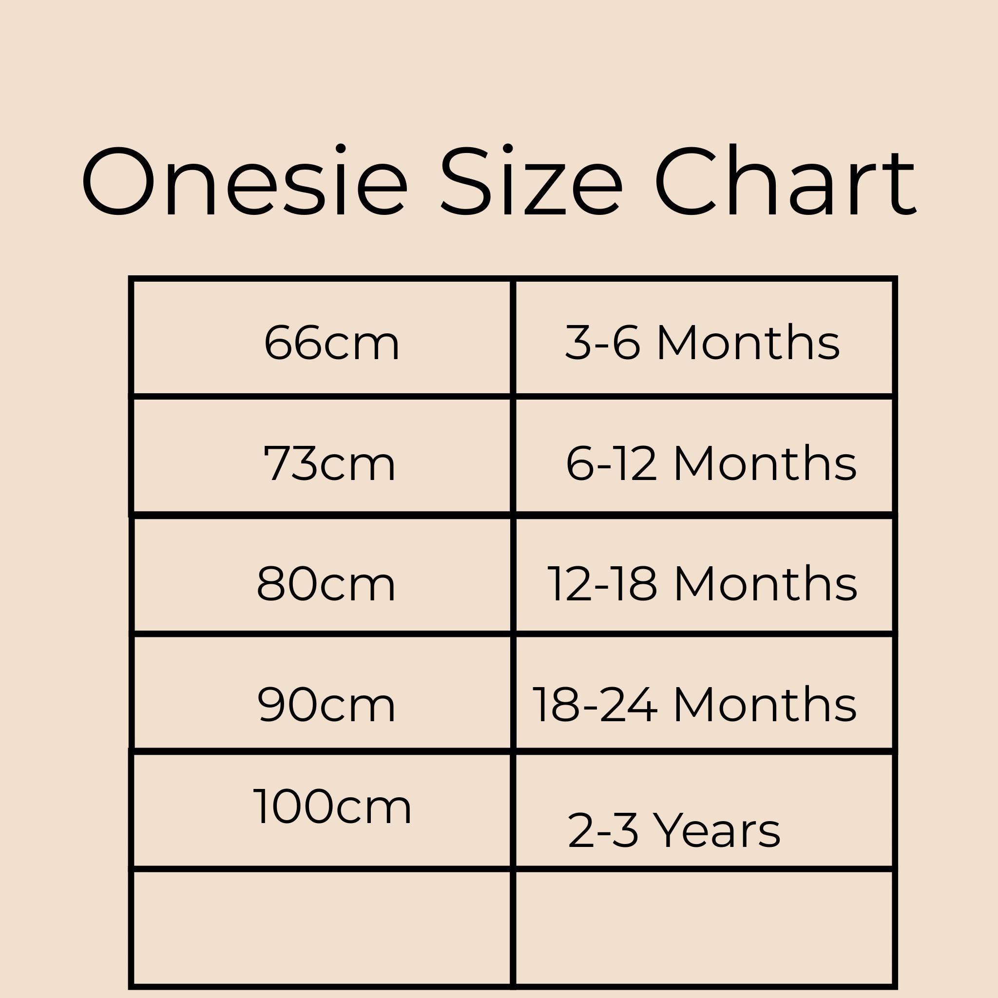 Onesie size chart on a beige background