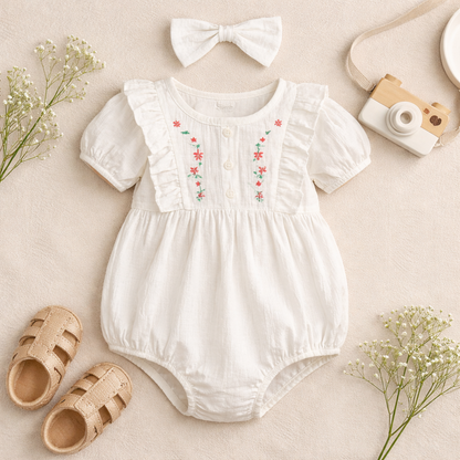 White baby romper with floral embroidery, bow headband, sandals, and camera on a beige background