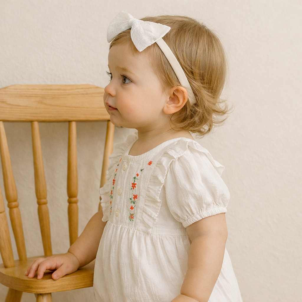 Young child wearing a white dress with floral embroidery and a matching headband, standing next to a wooden chair.