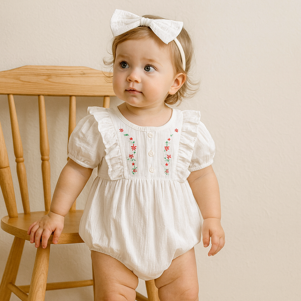 Baby in a white embroidered romper standing next to a wooden chair against a beige wall.
