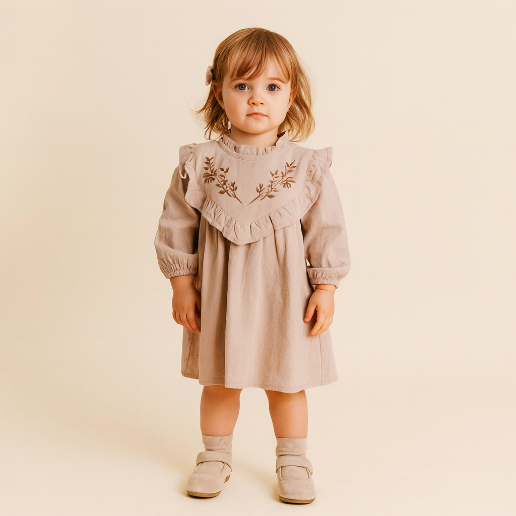 Young girl wearing a light brown dress with floral embroidery on a beige background