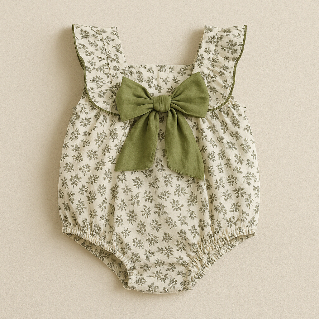 Baby romper with floral pattern and green bow on a beige background
