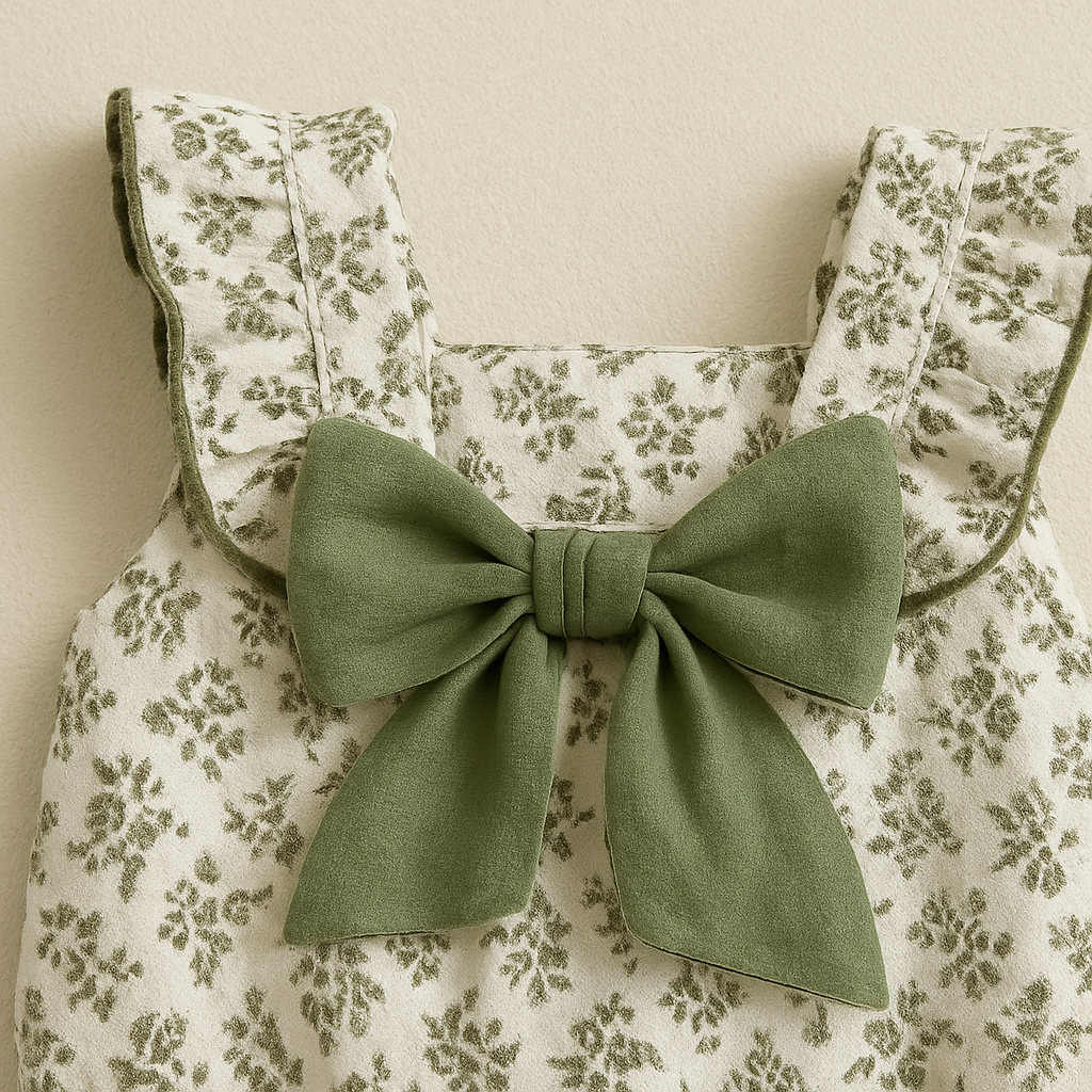 Floral dress with a large green bow on a beige background