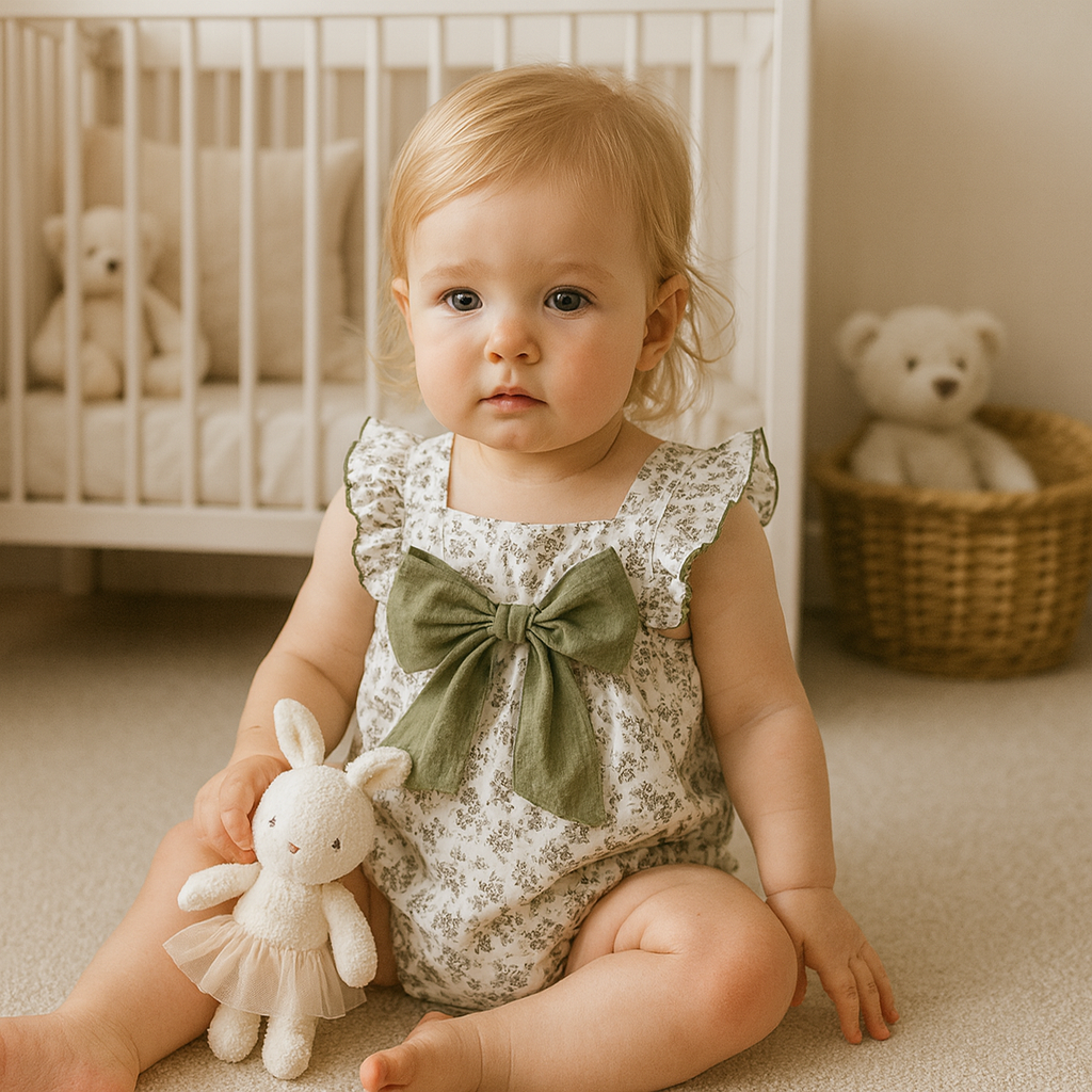 Baby in a floral romper with a green bow sitting on the floor in a nursery.
