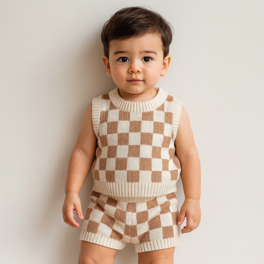 Harrison check set for babies – front view of beige and cream knit sleeveless top and shorts