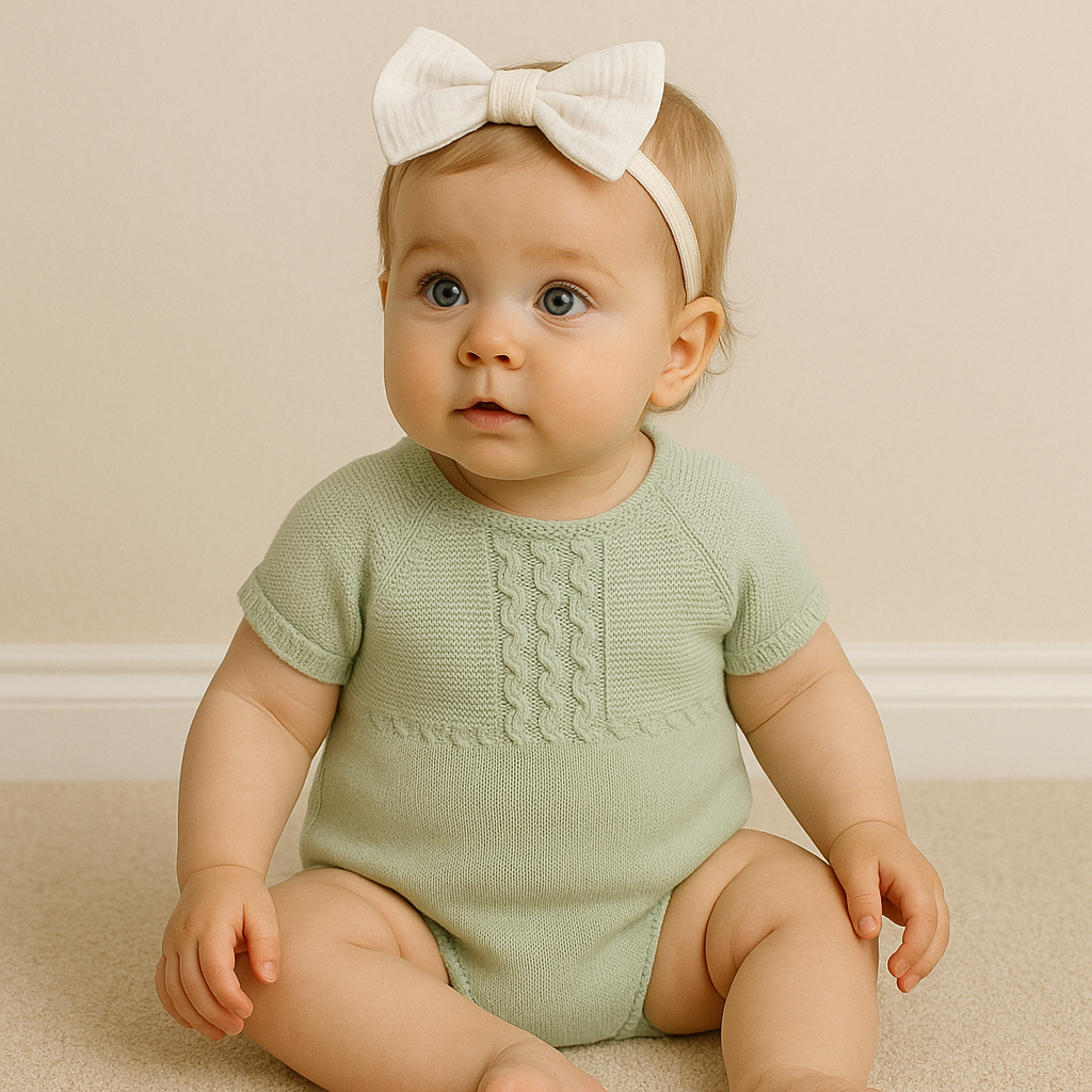 Baby wearing a green knitted romper and white bow headband on a beige background