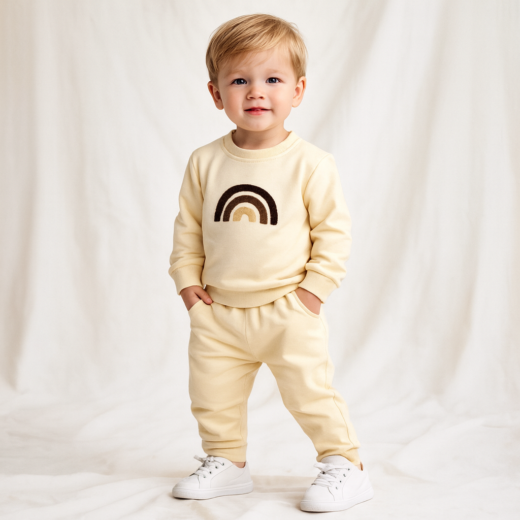 Child wearing a beige sweatshirt with a rainbow design and matching pants on a white background