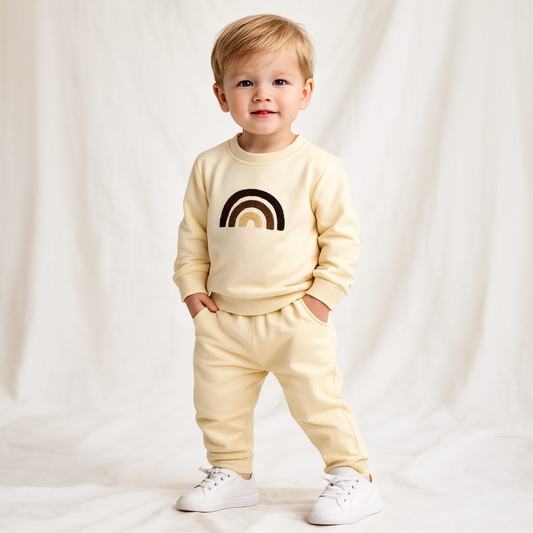 Child wearing a beige sweatshirt with a rainbow design and matching pants on a white background