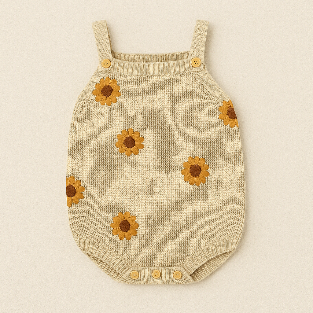 Beige knitted baby romper with sunflower patterns on a beige background