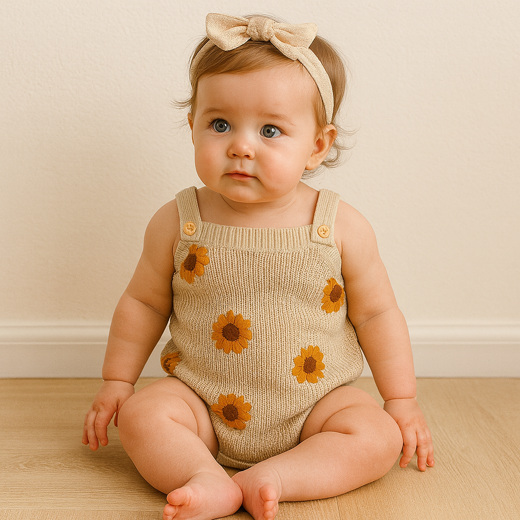 Baby wearing a beige knitted romper with sunflower patterns on a wooden floor.